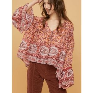 Free People Lorraine printed tiered kimono tie front bell sleeve top boho NWT